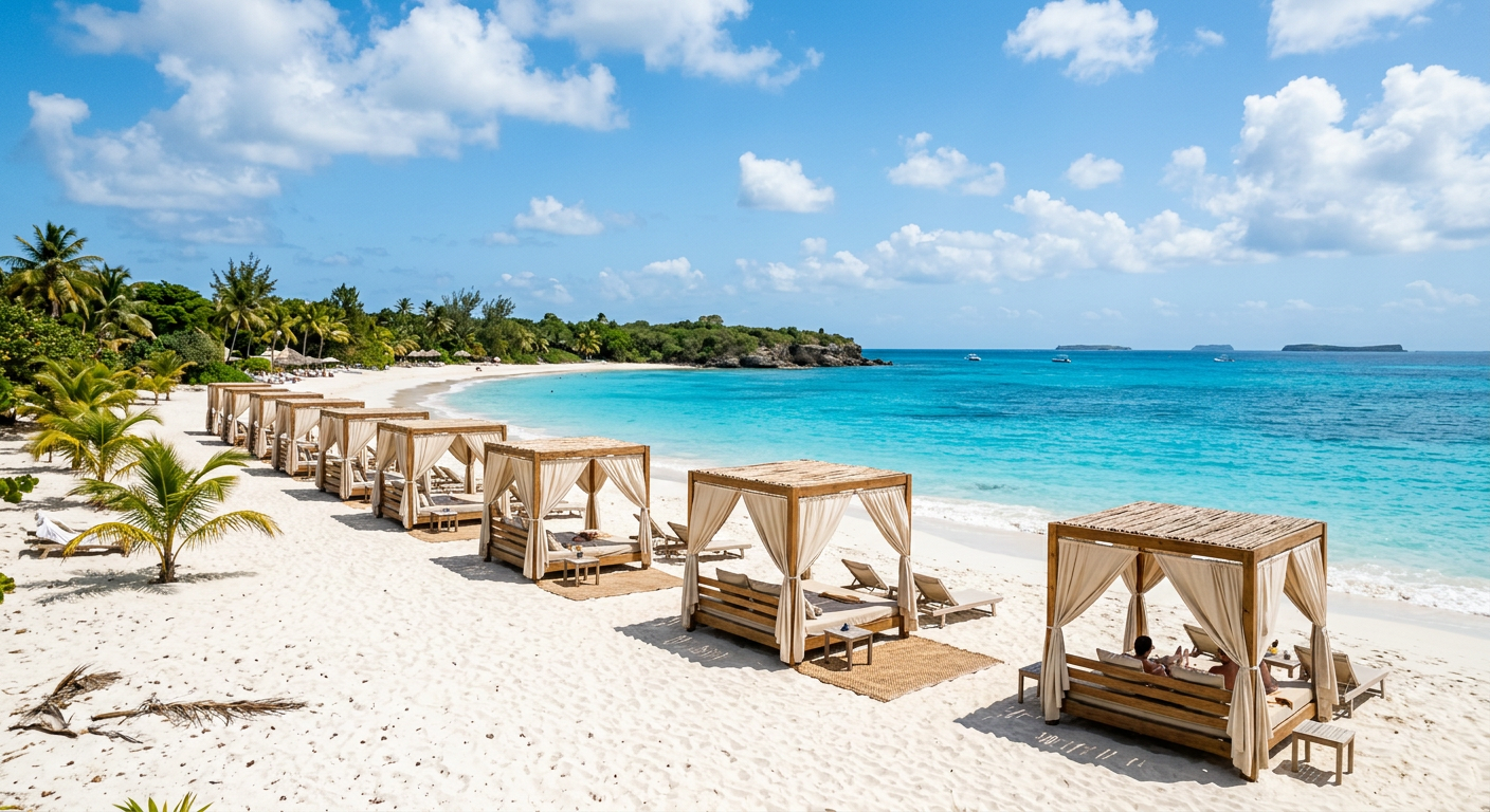 Canvas cabanas lining the white sand beach overlooking the clear blue ocean waters