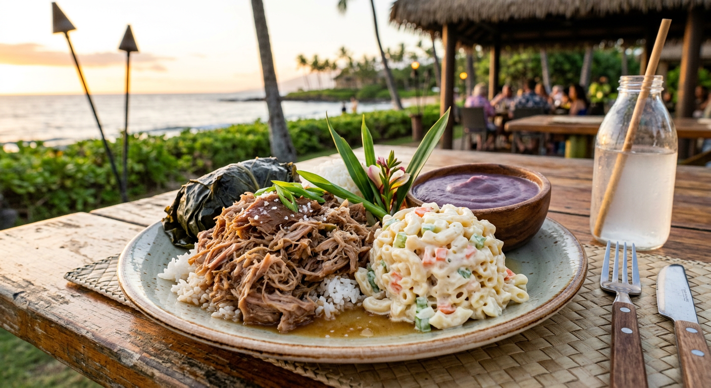 A plate of traditional luau food focusing on shredded kalua pork resting next to a scoop of macaroni salad and a side of purple poi