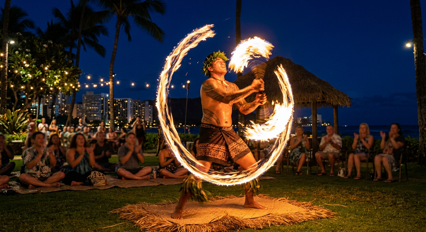 A Samoan fire knife dancer spinning blazing batons against a dark Honolulu night sky