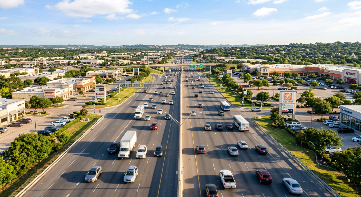 Multi-lane highway traffic surrounded by suburban retail centers under a morning sky