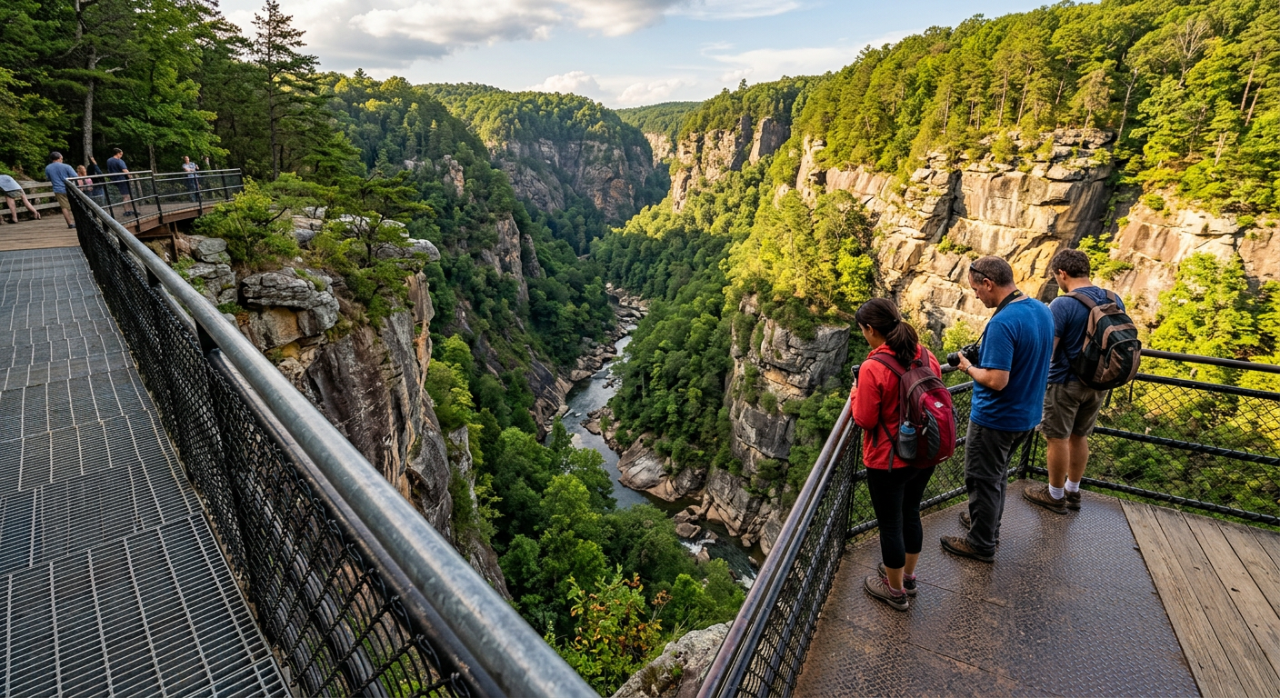 Visitors looking down into the deep, rocky canyon of Tallulah Gorge from a metal viewing platform