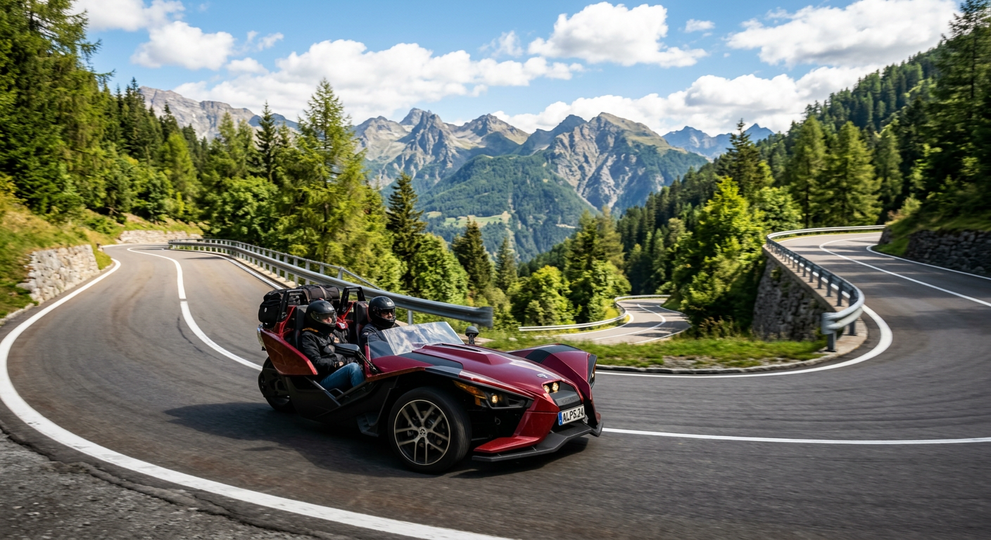 An open-air Polaris Slingshot driving on a winding, tree-lined mountain road at late morning