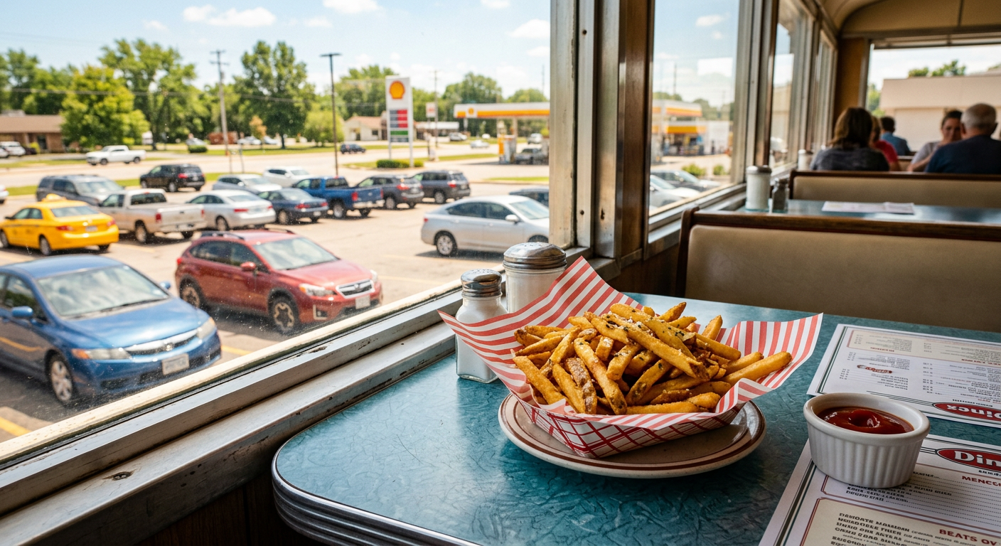 A plate of golden french fries sitting on a vinyl diner table near a sunny window overlooking a parking lot
