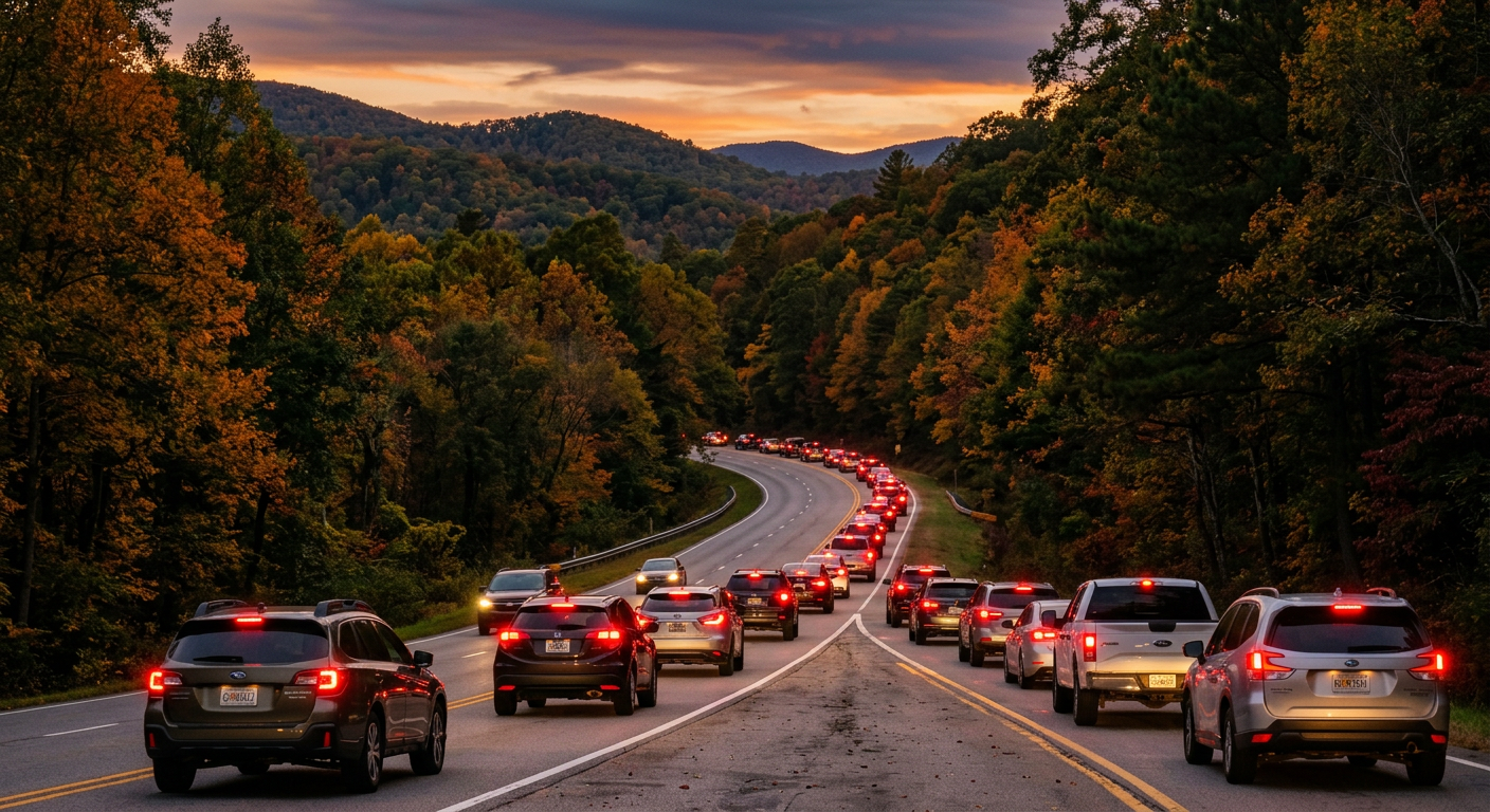 Cars lined up along a forested Georgia highway at dusk with red taillights glowing prominently
