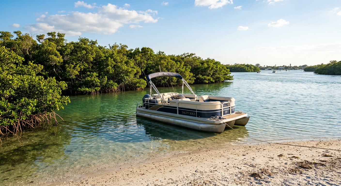 A pontoon boat gently resting near a cypress-lined bank on the Harris Chain of Lakes in Central Florida