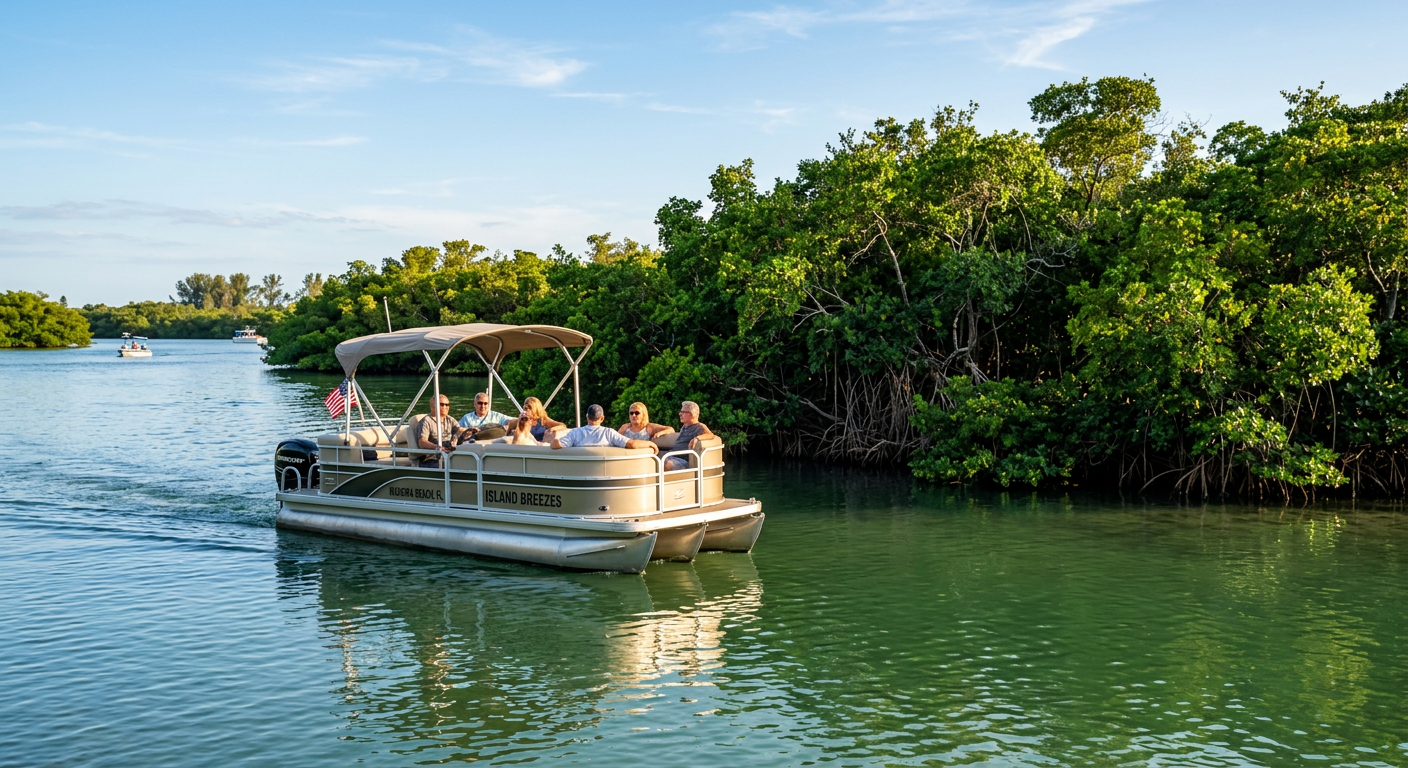 A pontoon boat gently cruising past green cypress trees in the calm waters of the Dora Canal