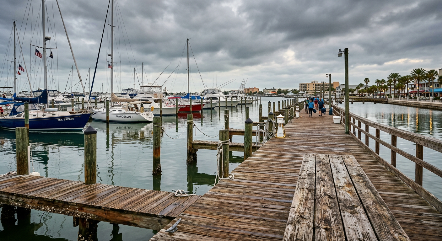 A weathered wooden marina dock in Central Florida under a grey morning sky