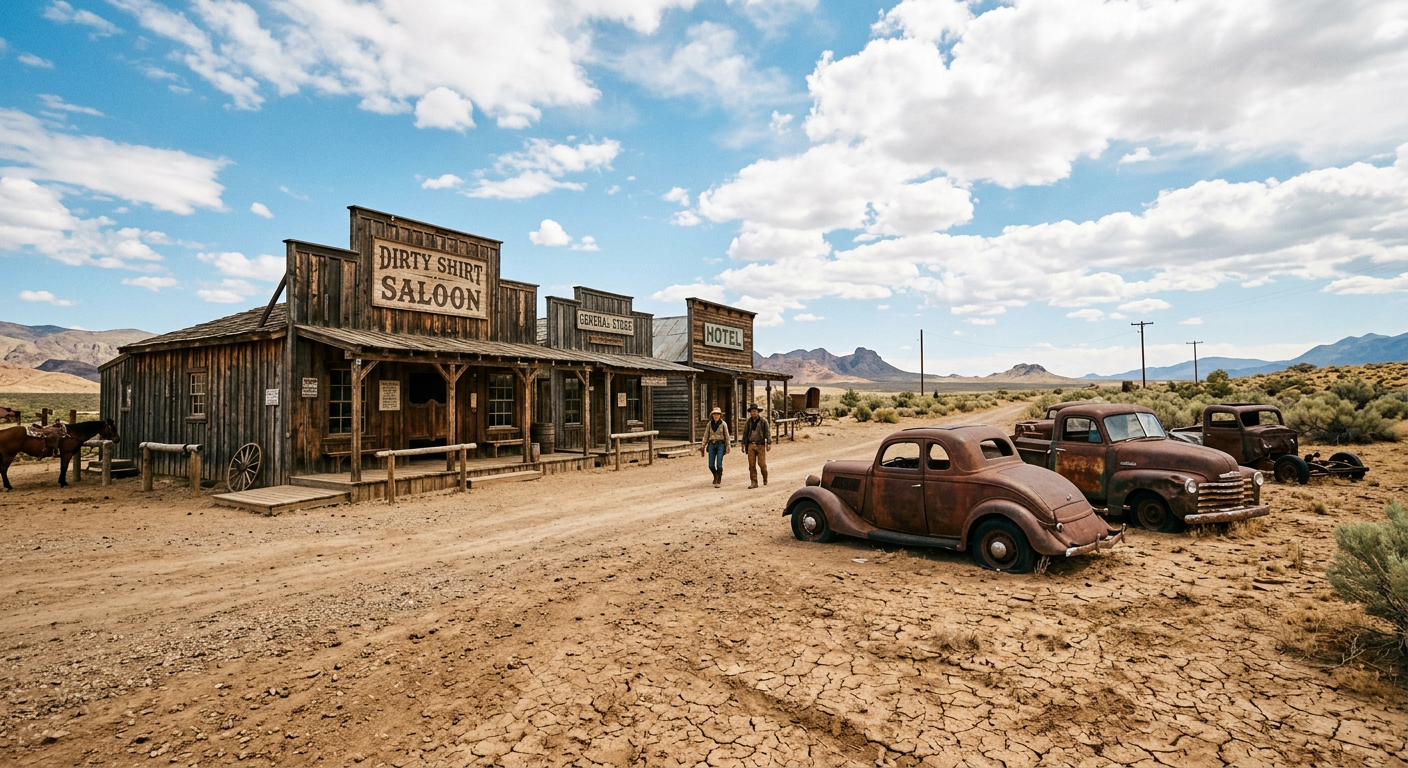 Weathered wooden saloon buildings and rusted vintage cars scattered across cracked brown desert dirt under a bright sky