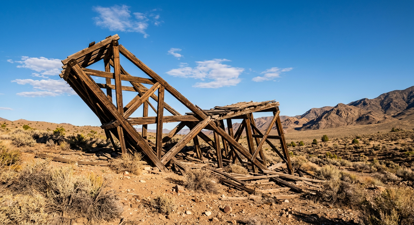 Weathered wooden mining structure collapsing into the Nevada desert dirt under a clear blue sky