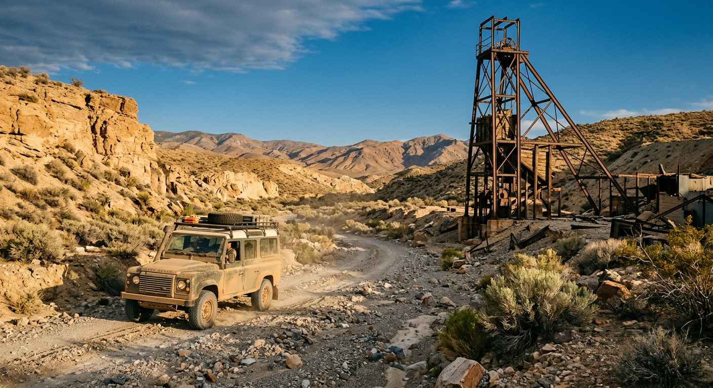 A dusty off-road vehicle navigating a desert wash near an abandoned mining headframe