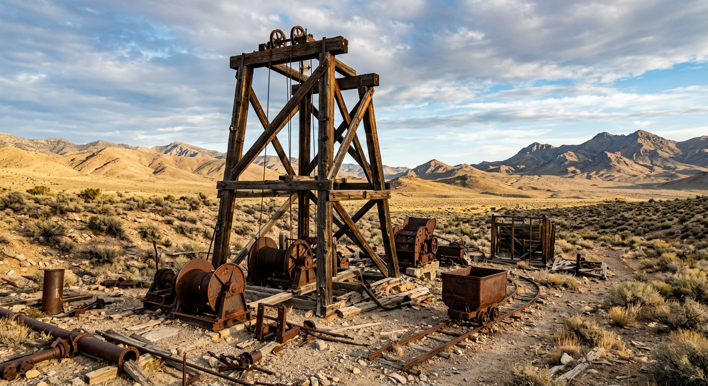 Weathered timber headframe and scattered, rusted mining equipment baking in the Nevada desert