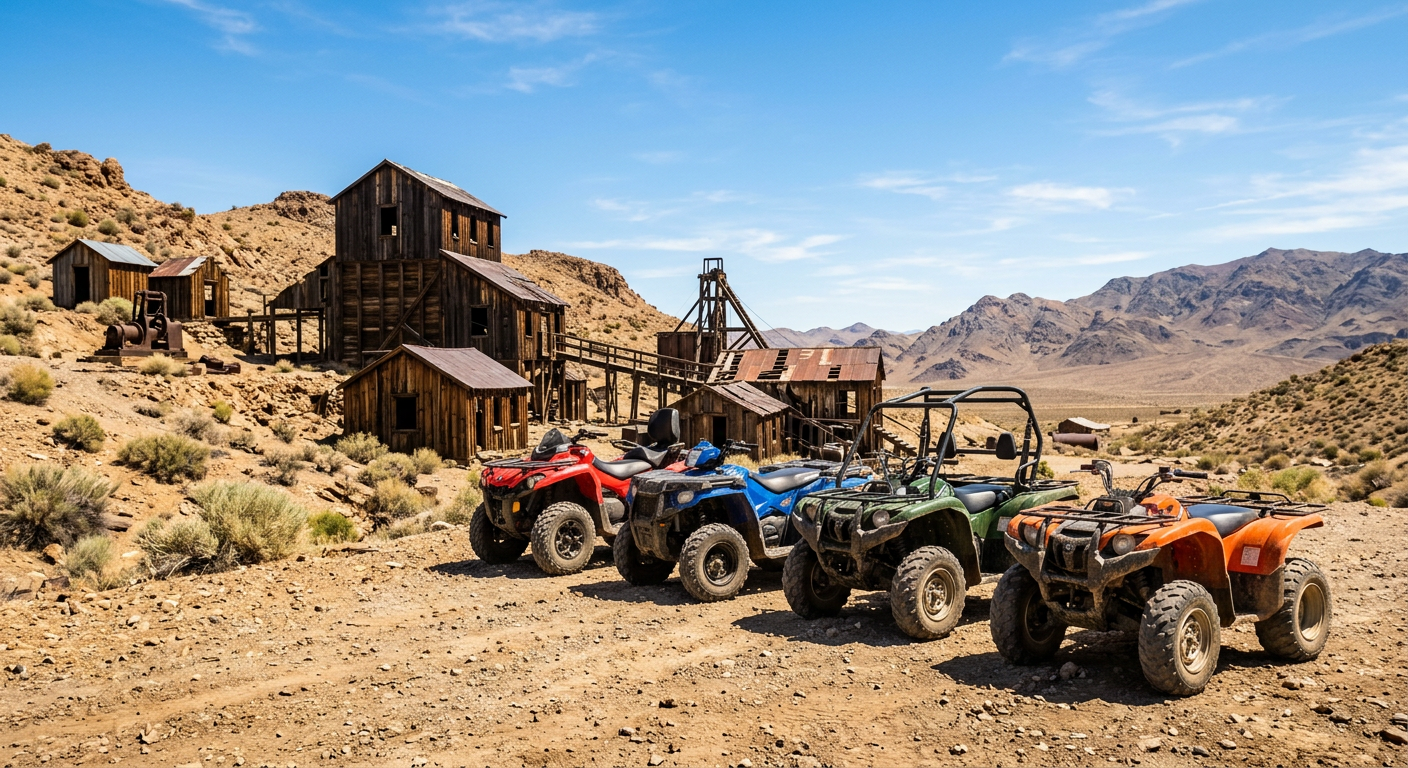 Four-wheel ATVs parked neatly on a dusty trail near weathered wooden mining structures under a harsh desert sun