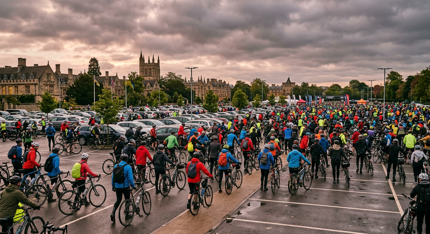 Thousands of cyclists gathering at dawn in a university parking lot under overcast skies
