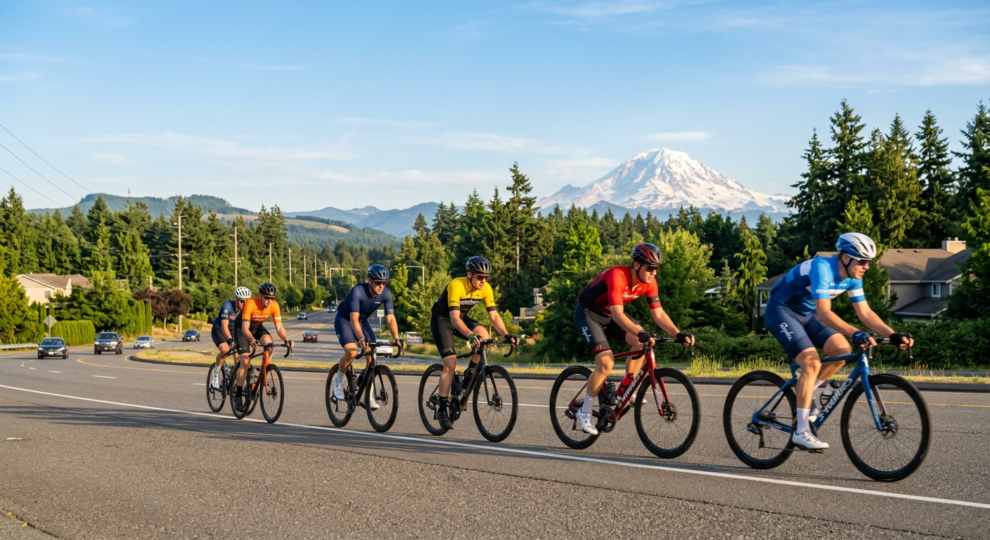 Cyclists riding in a paceline along a flat suburban highway south of Seattle