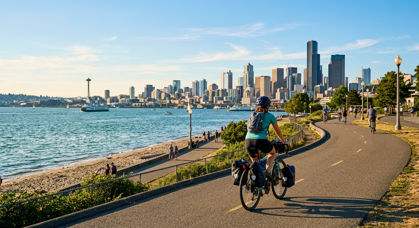 Cyclist riding along the paved Alki Beach trail with the Puget Sound and Seattle skyline in the background