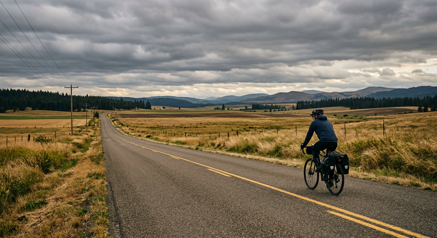 A lone cyclist riding on a flat, exposed rural road in Washington against a grey sky