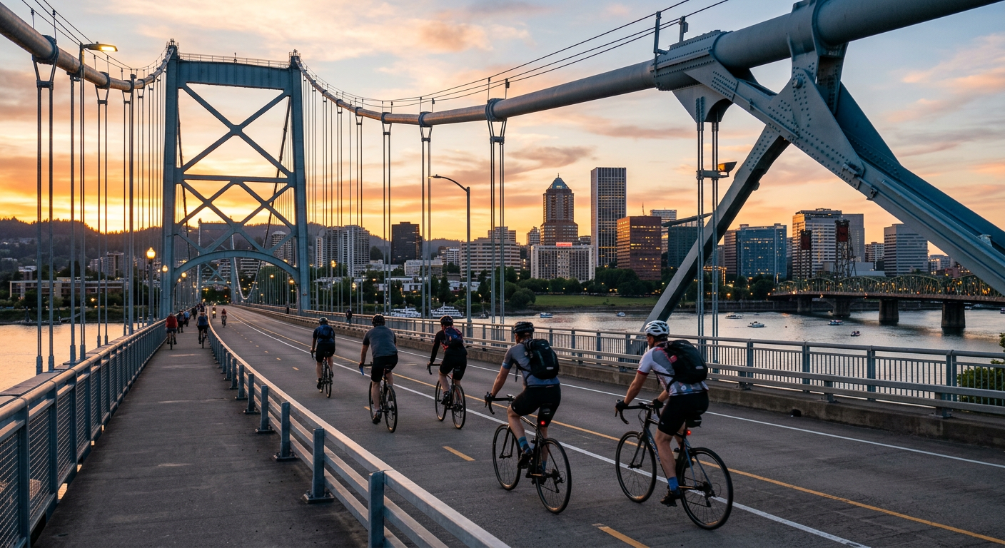 Cyclists riding over a large steel bridge toward a city skyline