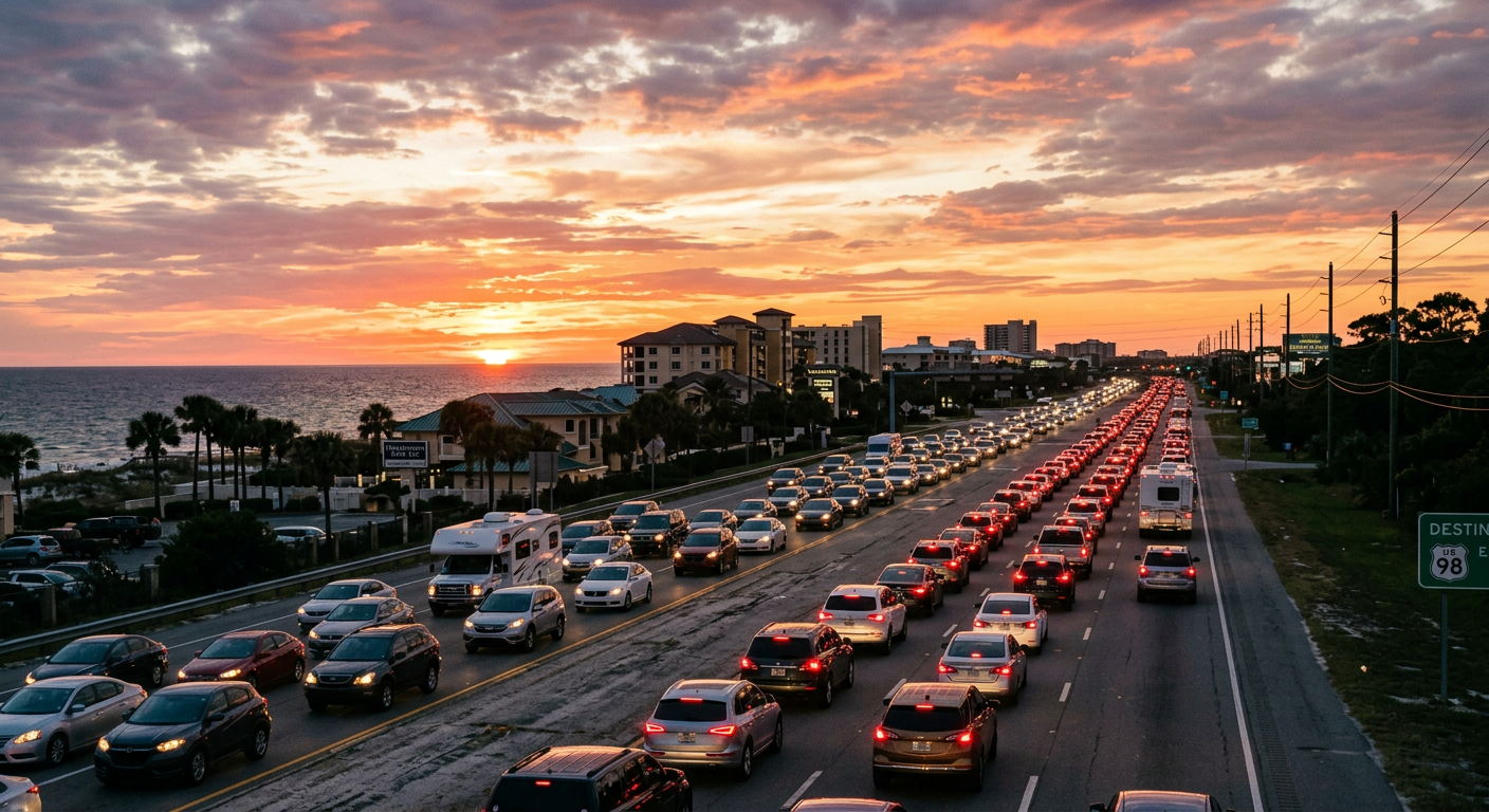 Long line of cars in evening traffic on Highway 98 in Destin with a sunset in the background