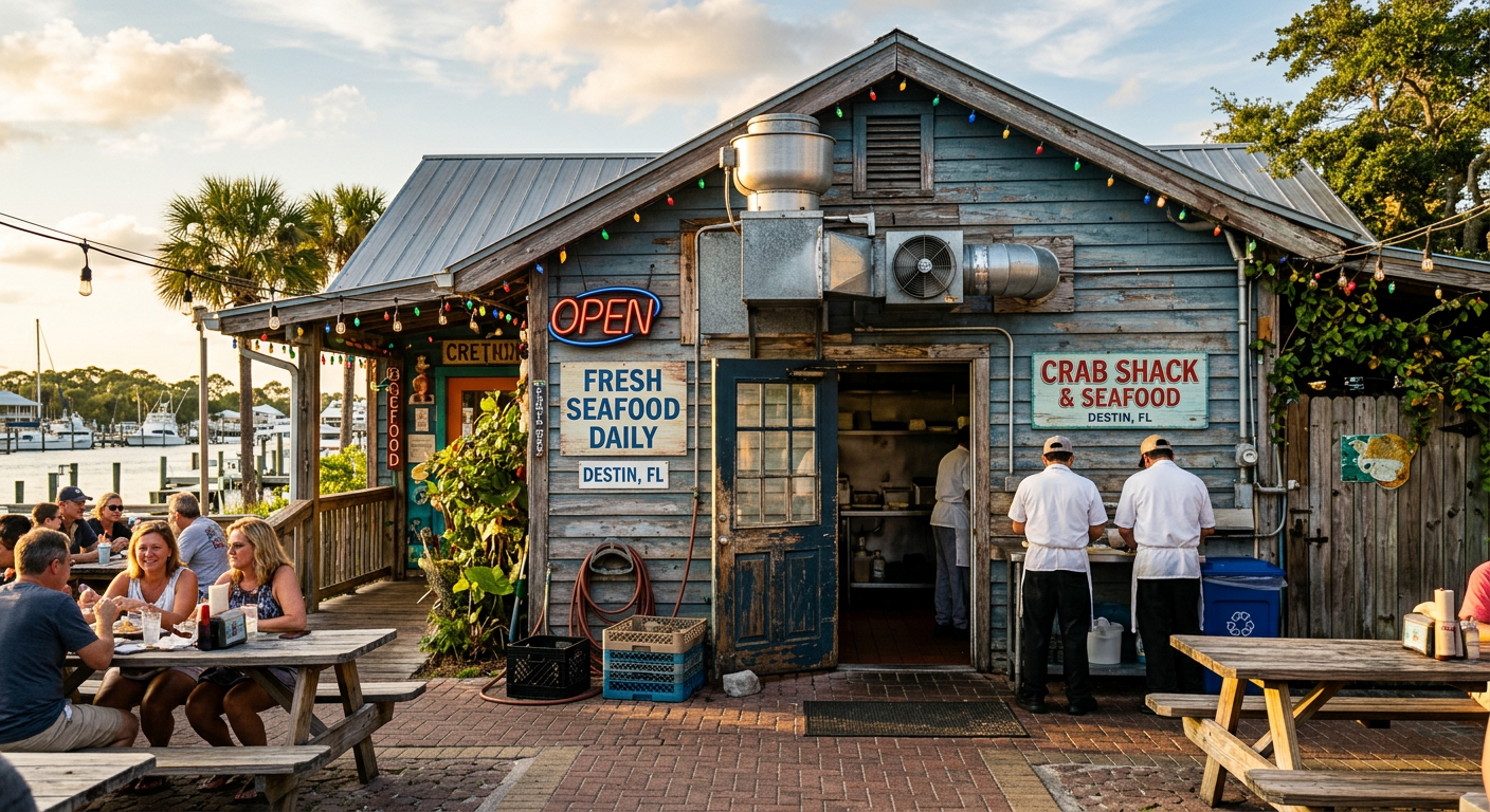 A modest seafood restaurant in Destin with a metal exhaust vent visible above the back door