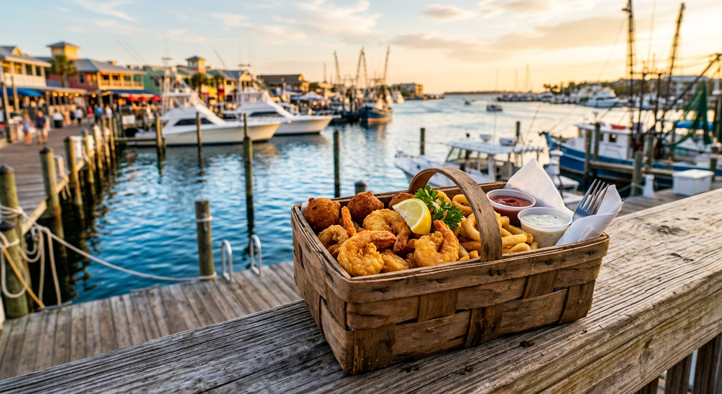 Freshly fried seafood basket sitting on a wooden dock overlooking the Destin Harbor