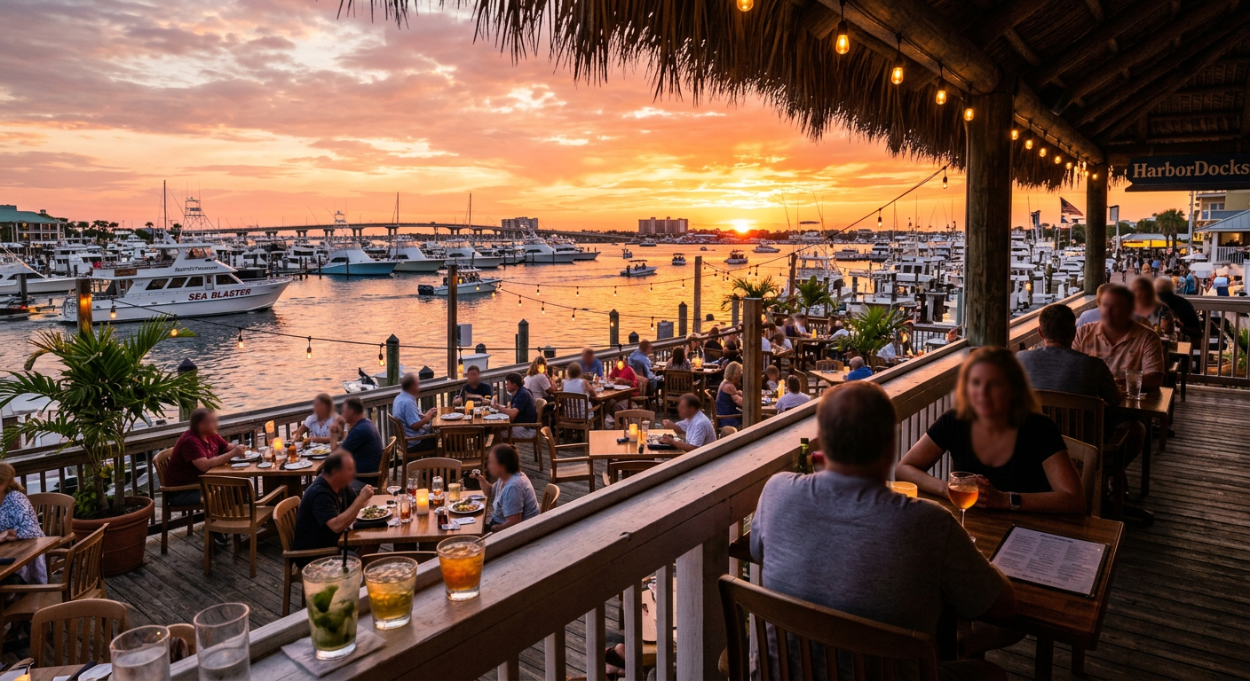 A waterfront restaurant deck in Destin with the sun setting brightly over the harbor