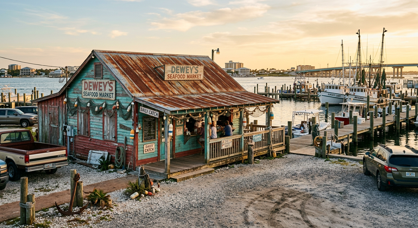A weathered seafood shack with a gravel parking lot and rusted metal roof near Destin Harbor