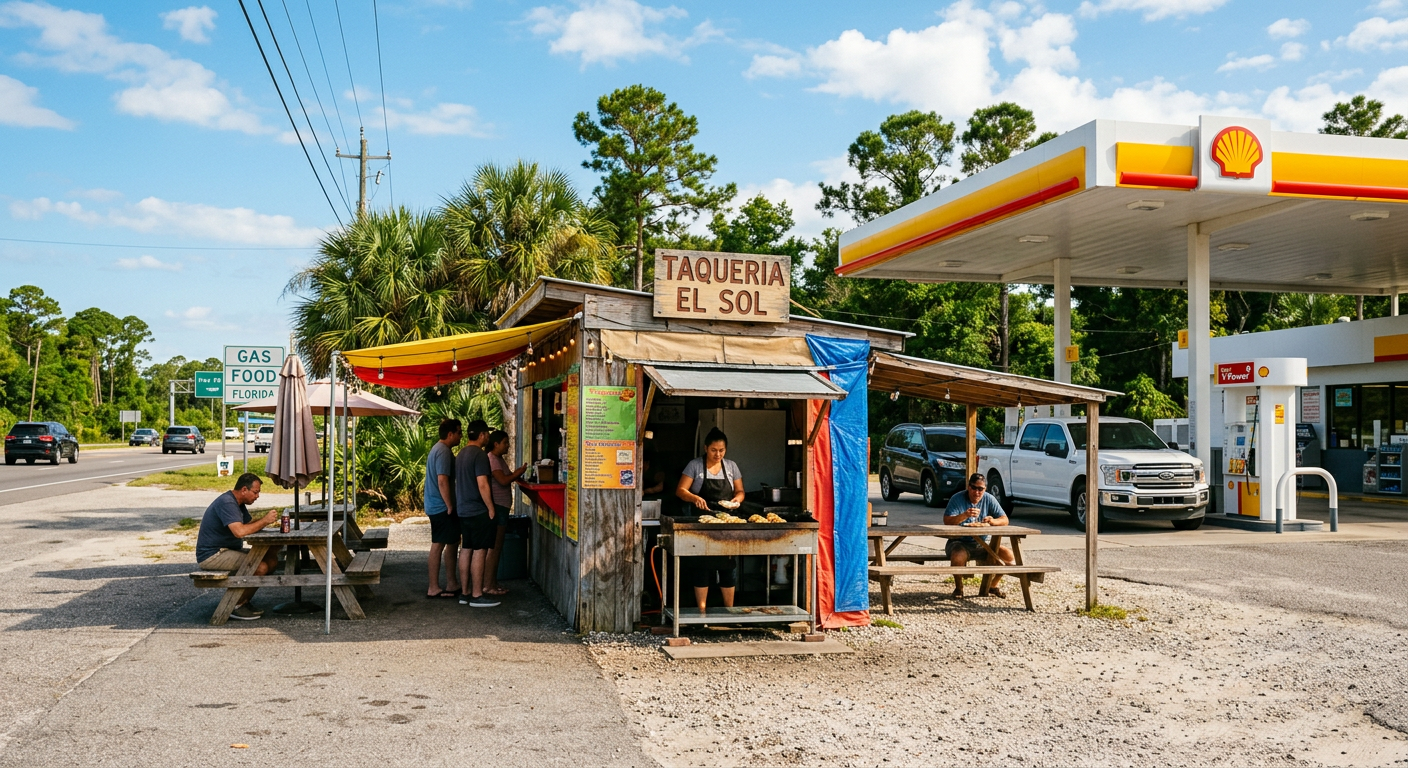 A modest taco stand operating next to a gas station on a sunny day in the Florida Panhandle