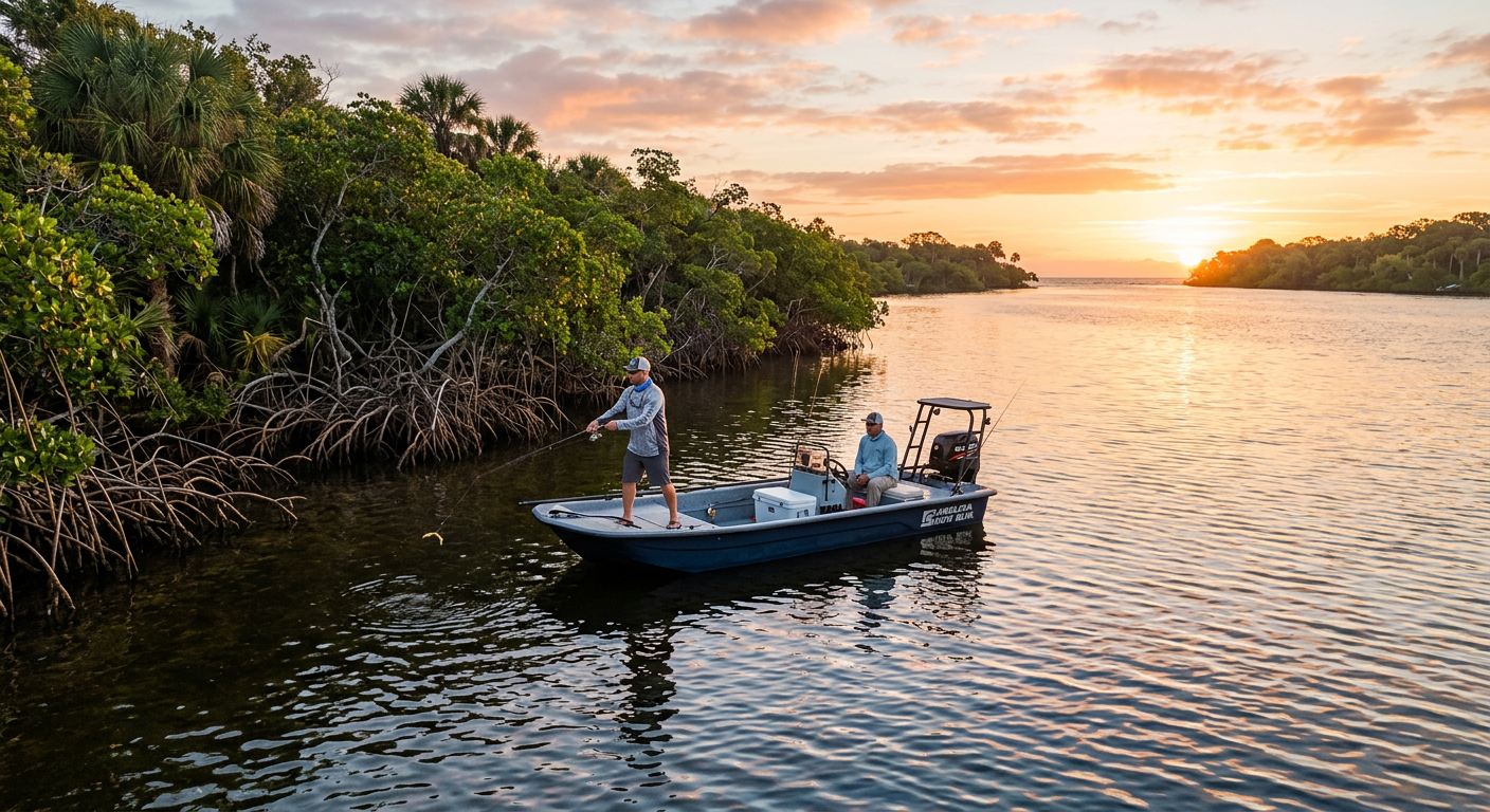 A small skiff casting soft plastics along a mangrove shoreline in the Halifax River at sunrise