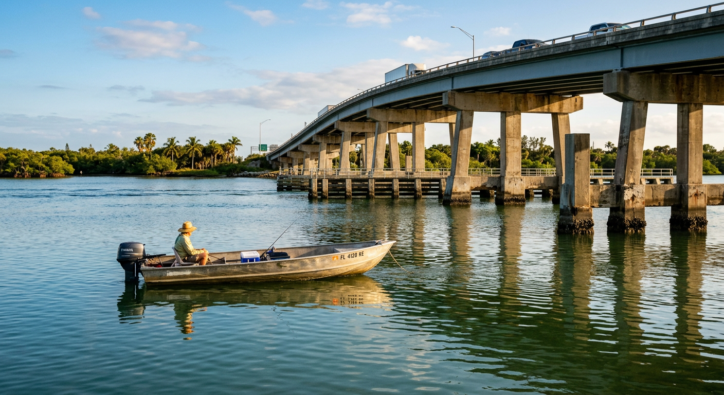 A flat-bottomed skiff floating in calm intracoastal waters near a set of bridge pilings