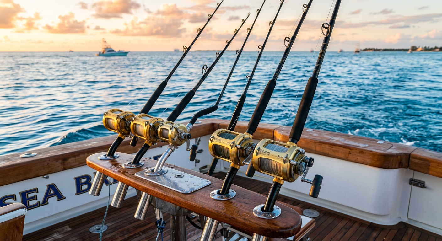 Heavy offshore fishing rods resting in metal holders on a boat deck in calm ocean water