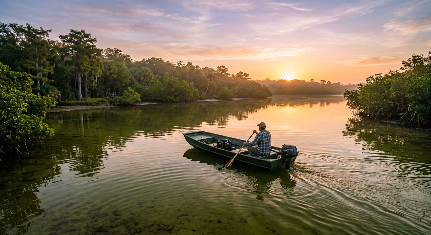 A flat-bottom skiff navigating the shallow green waters of the Halifax River at first light