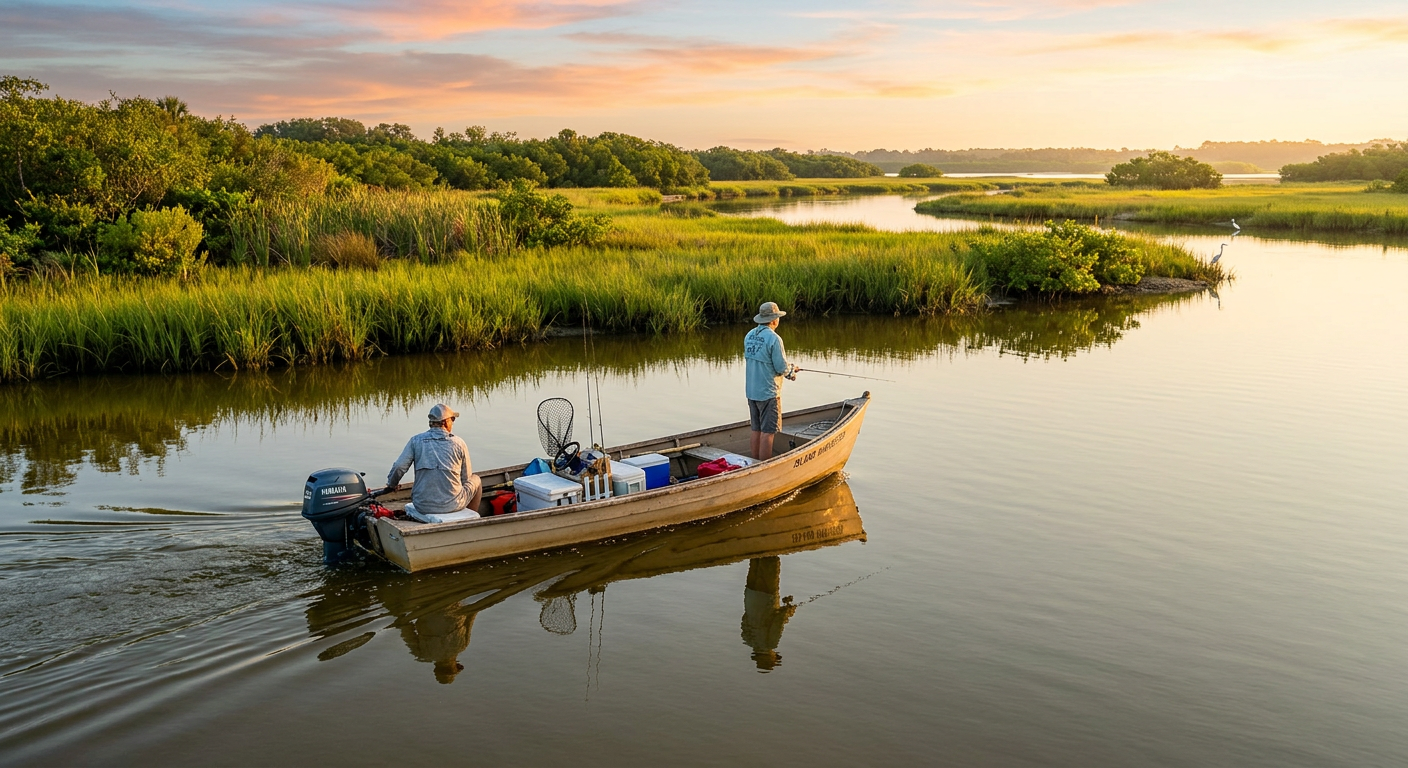 A fishing skiff navigating through calm morning water near a grassy Florida estuary shoreline