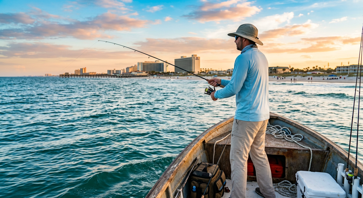 Angler wearing basic sun protection gear holding a fishing rod on an open skiff in Daytona Beach