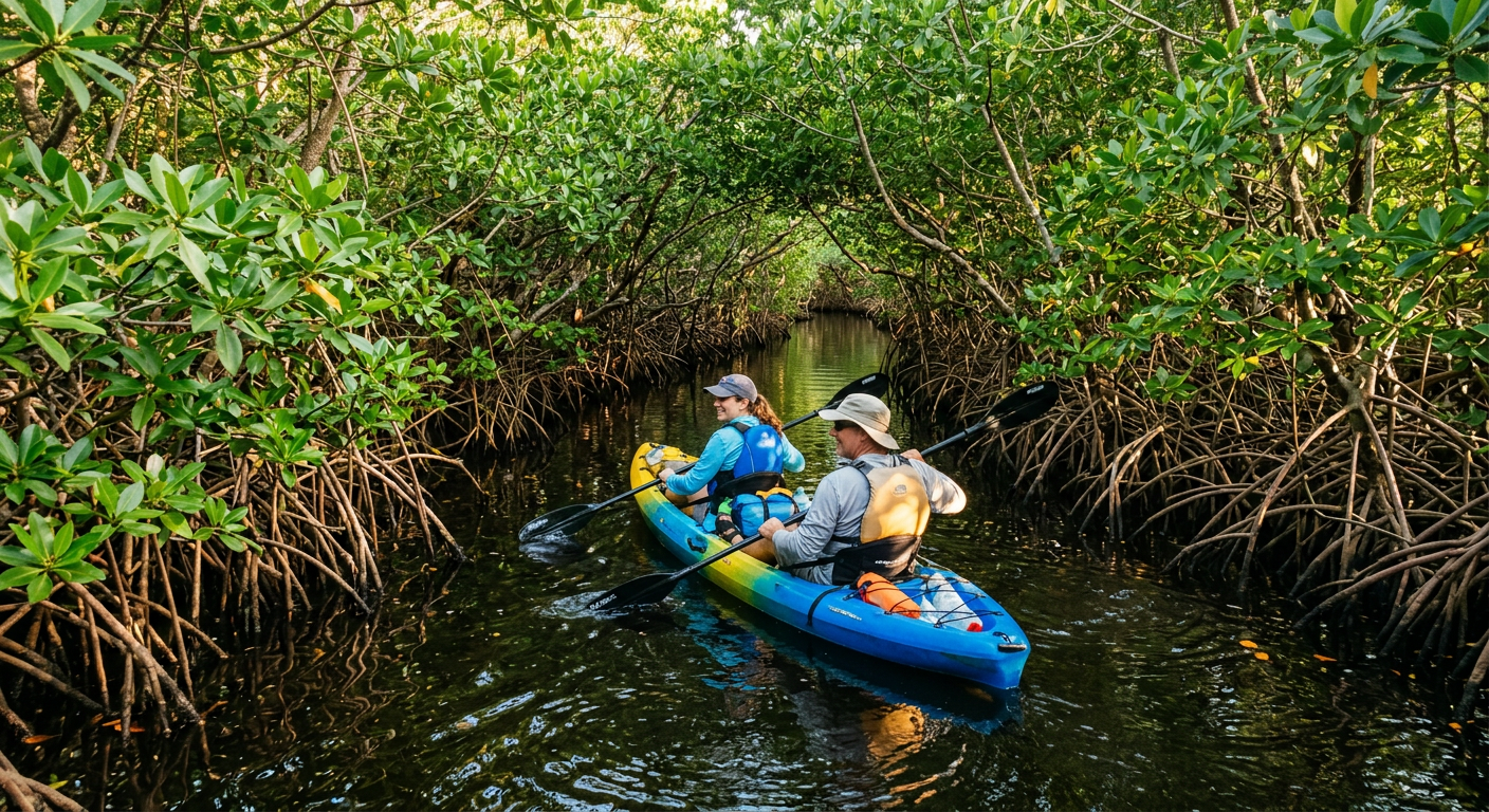 Tandem kayak navigating through a narrow green mangrove tunnel in central Florida