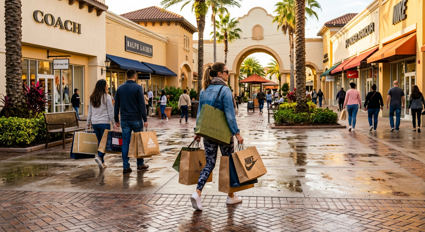 Shoppers carrying heavy paper bags across the damp pavement of an outdoor outlet mall in Central Florida