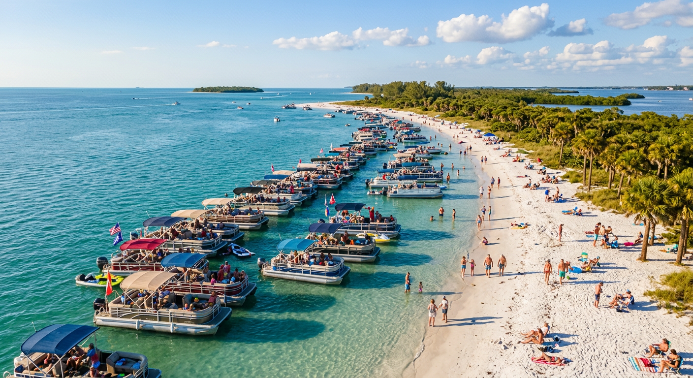 A dense line of pontoon boats anchored along the white sand shores of a barrier island in Florida
