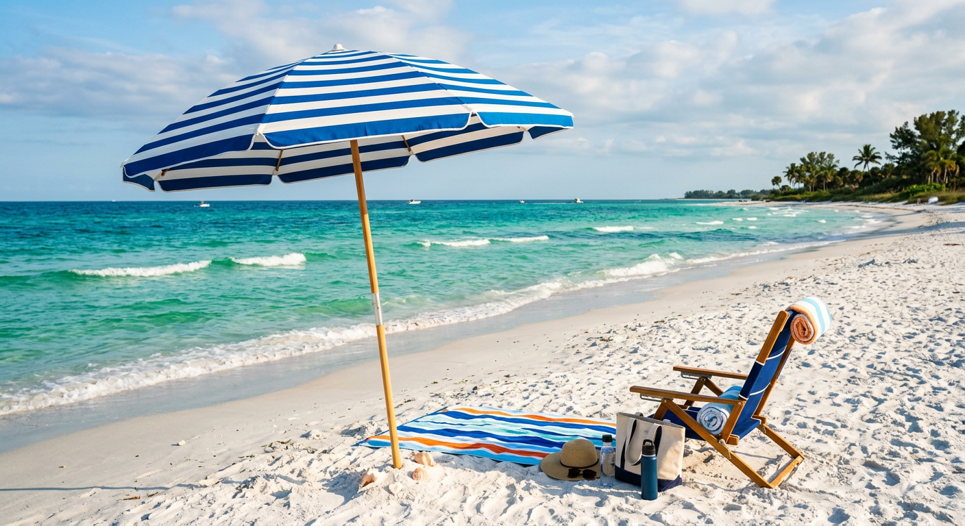 A sturdy beach umbrella securely anchored in pure white sand overlooking emerald green gulf waters