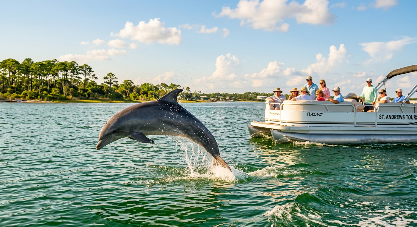 A bottlenose dolphin breaking the emerald green water close to a pontoon boat in St. Andrews Bay