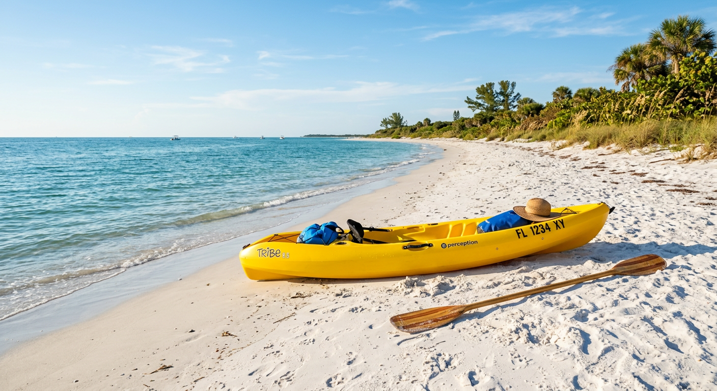 A bright yellow kayak resting on the white sand of a Florida barrier island coastline next to a wooden paddle