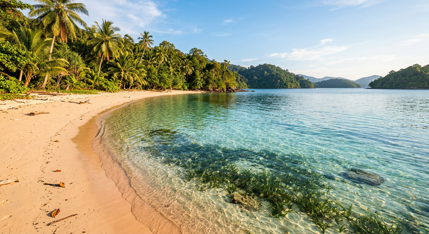 Clear shallow backwater cove with seagrass visible under the surface and an empty sandy shoreline