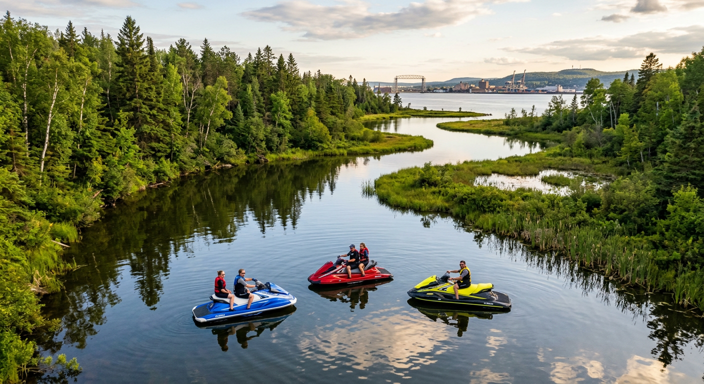 A quiet stretch of the Whitewater River flanked by tall limestone bluffs and dense foliage