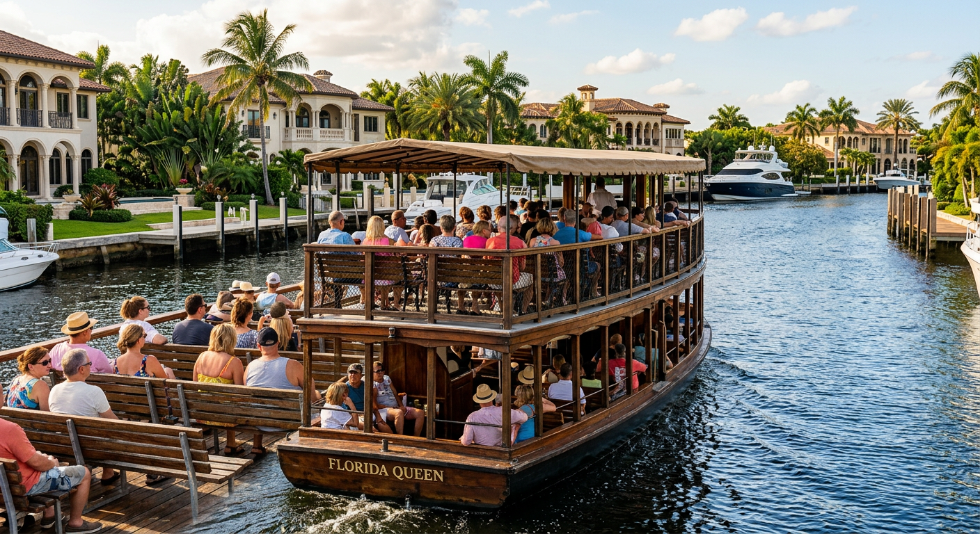 Passengers sitting on wooden benches aboard a two-story riverboat navigating through a narrow Fort Lauderdale canal flanked by large mansions