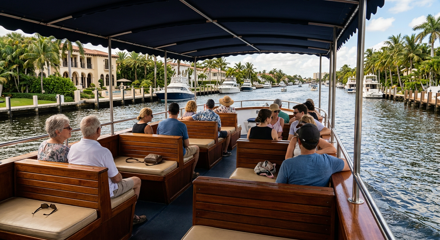 Tourists sitting in shaded booths on a sightseeing riverboat moving through Fort Lauderdale canals