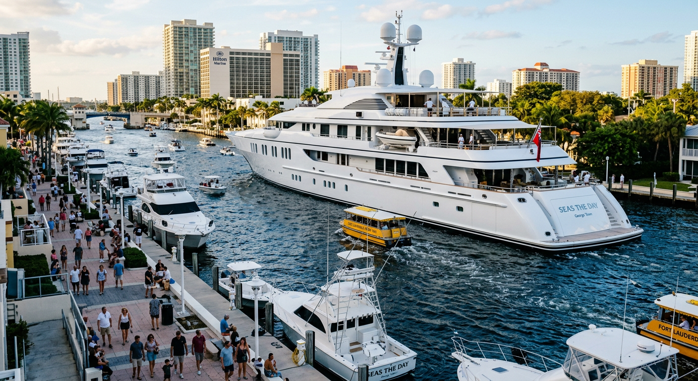 A mega yacht blocks the view in a crowded Fort Lauderdale canal