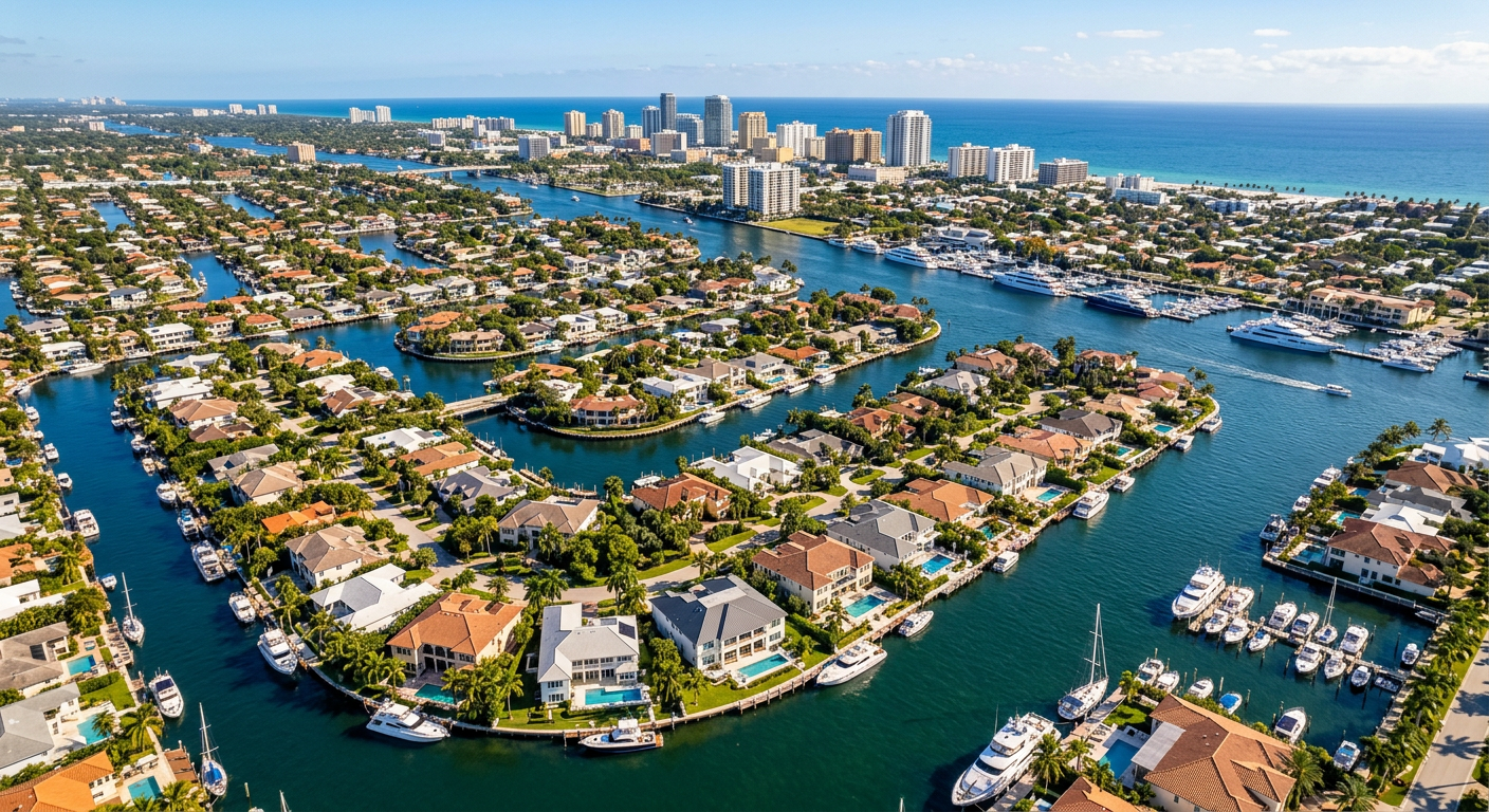 Aerial view of Fort Lauderdale canals showing large houses and yachts from high above