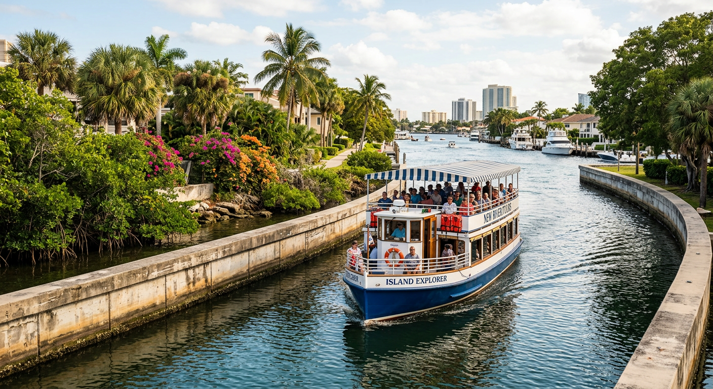 A riverboat navigating the narrow channels of the New River past concrete seawalls