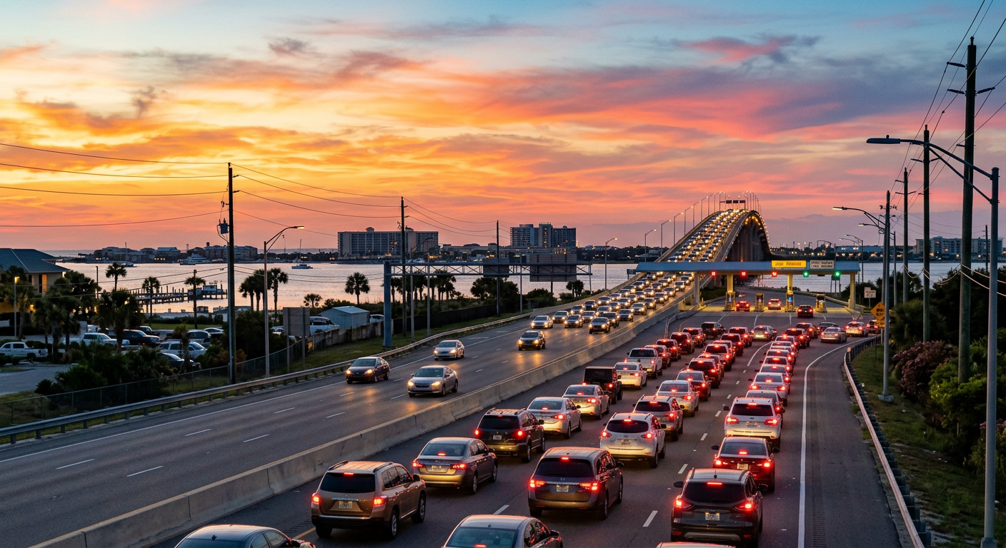 Long lines of cars sitting in standstill traffic near the Orange Beach toll bridge with sunset in the background