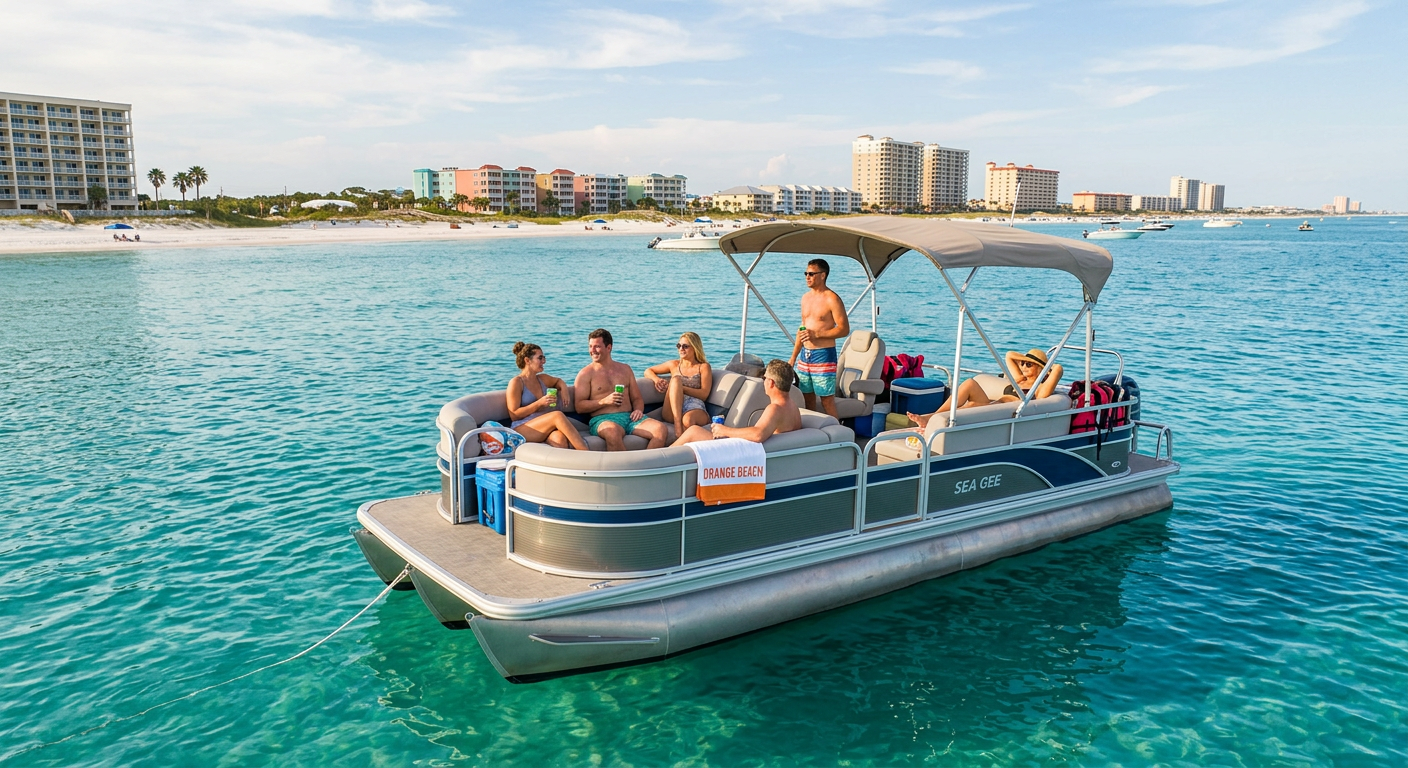 A pontoon boat anchored off the coast of Orange Beach with passengers relaxing on deck