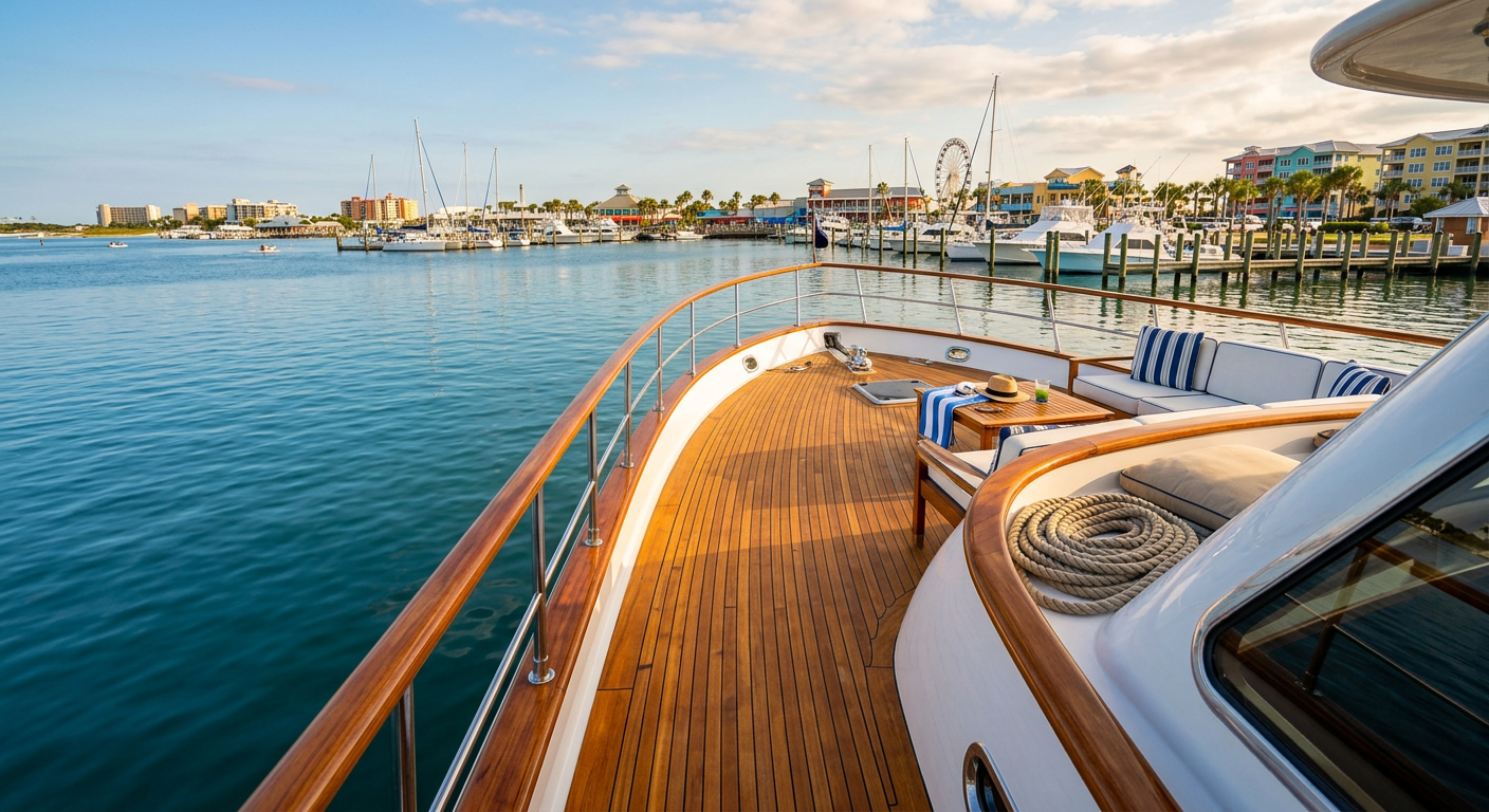A polished teak yacht deck anchored near the Wharf in Orange Beach, with calm water visible over the side