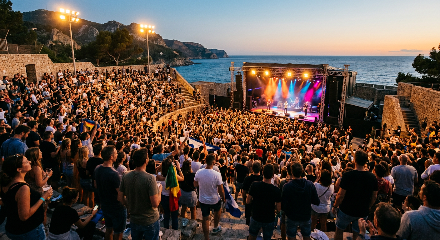 Fans gathered in an outdoor coastal amphitheater viewing area near the stage under stadium lights